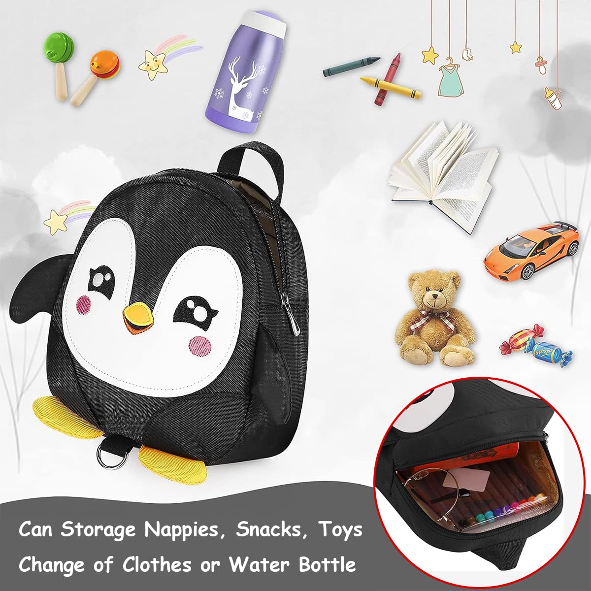 SNOWIE SOFT® Cute Toddler Backpack with Detachable Safety Leash Anti Lost Kids Travel Backpack for Toddlers Cartoon Penguin Backpack Toddler Backpack for Girls Boys (Black)