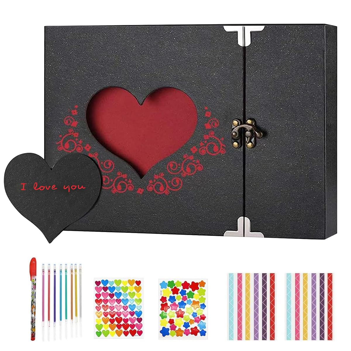 HASTHIP Romantic DIY Scrapbook Album for Weddings and Anniversaries with 30 Black Pages | Heart Shaped Cover Holds 120 7 inch Photos