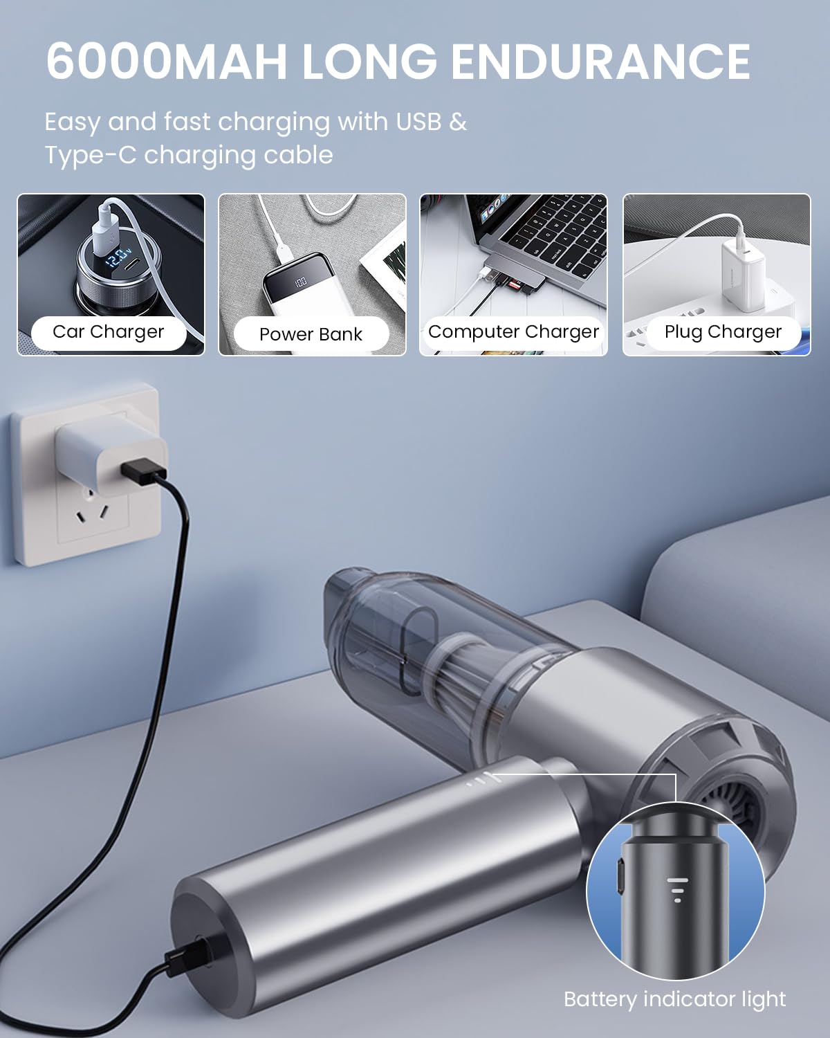 ZORBES Cordless Air Duster for Home and Car Cleaning with 15000Pa Suction and 6000mAh Battery