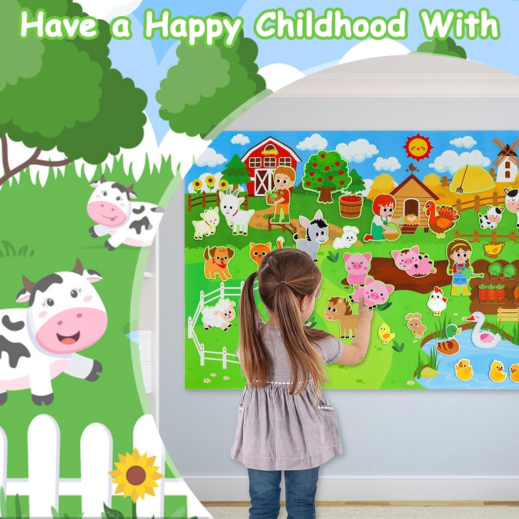 SNOWIE SOFT Farm Animals Busy Board for Toddlers with 109x71cm Felt Backdrop | Interactive Montessori Learning Toy