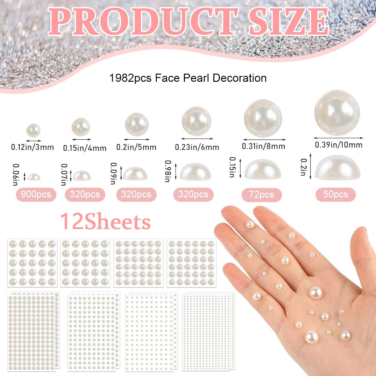 MAYCREATE® 1980pcs Pearl Stickers for Art and Craft Self-Adhesive Faux Pearls Sticker Gems for Hair, Face, Eye, Nail, Makeup, DIY Crafts - Assorted Sizes