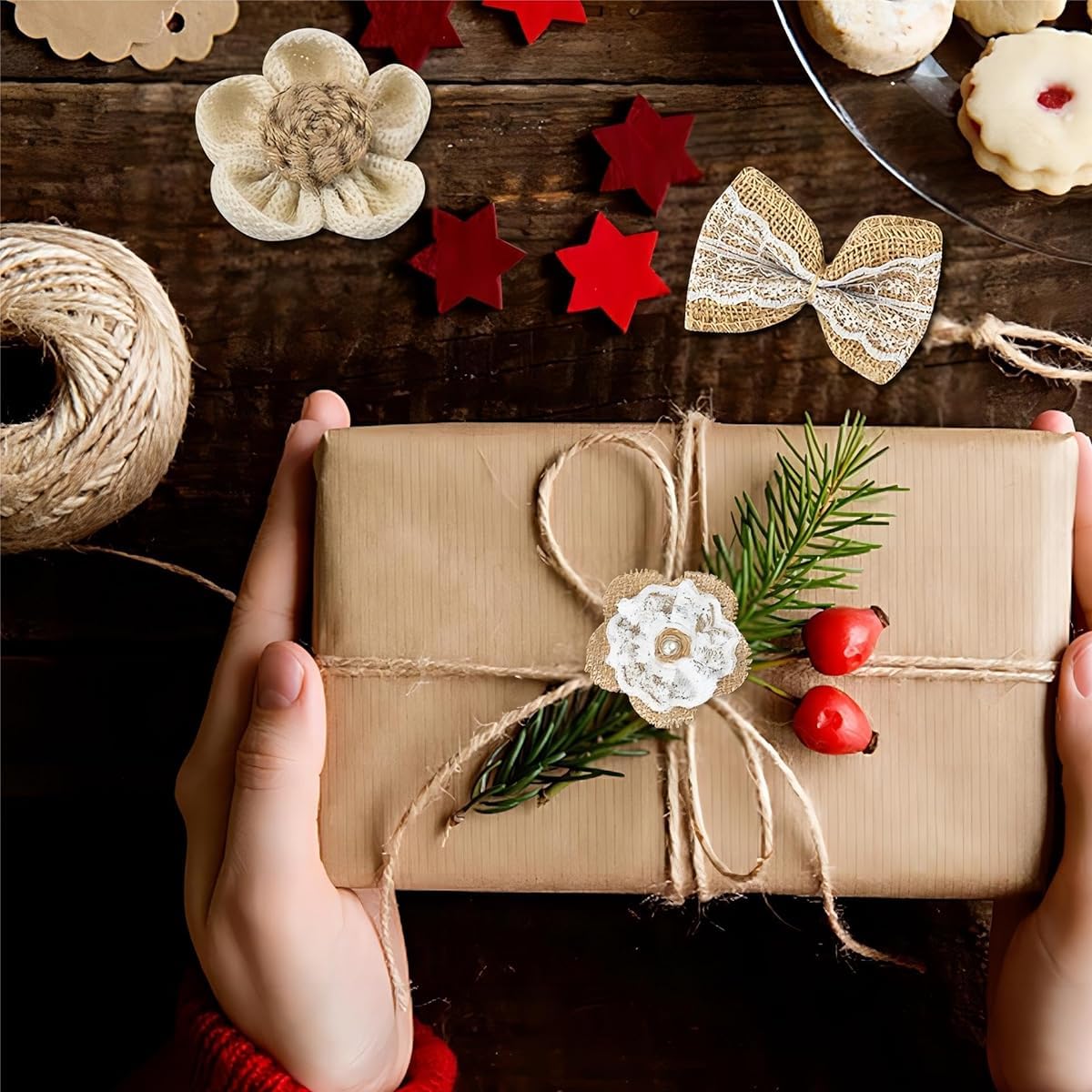 PATPAT DIY Hemp Ribbon Set for Scrapbooking with 19Pcs Lace Bows and 50m Jute Rope | Rustic Bohemian Decor