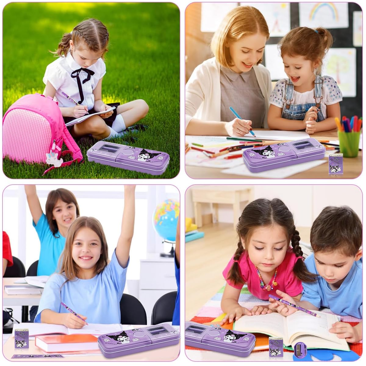 Climberty Kuromi Cartoon Pencil Box for School with Sharpener & Eraser | 21x8x3 cm Double Layer Metal Purple Case