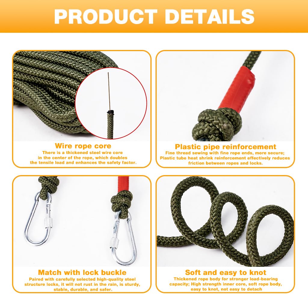 HASTHIP Clothes Drying Rope for Outdoor Laundry with Dual Carabiners and 10m Steel Core | Army Green