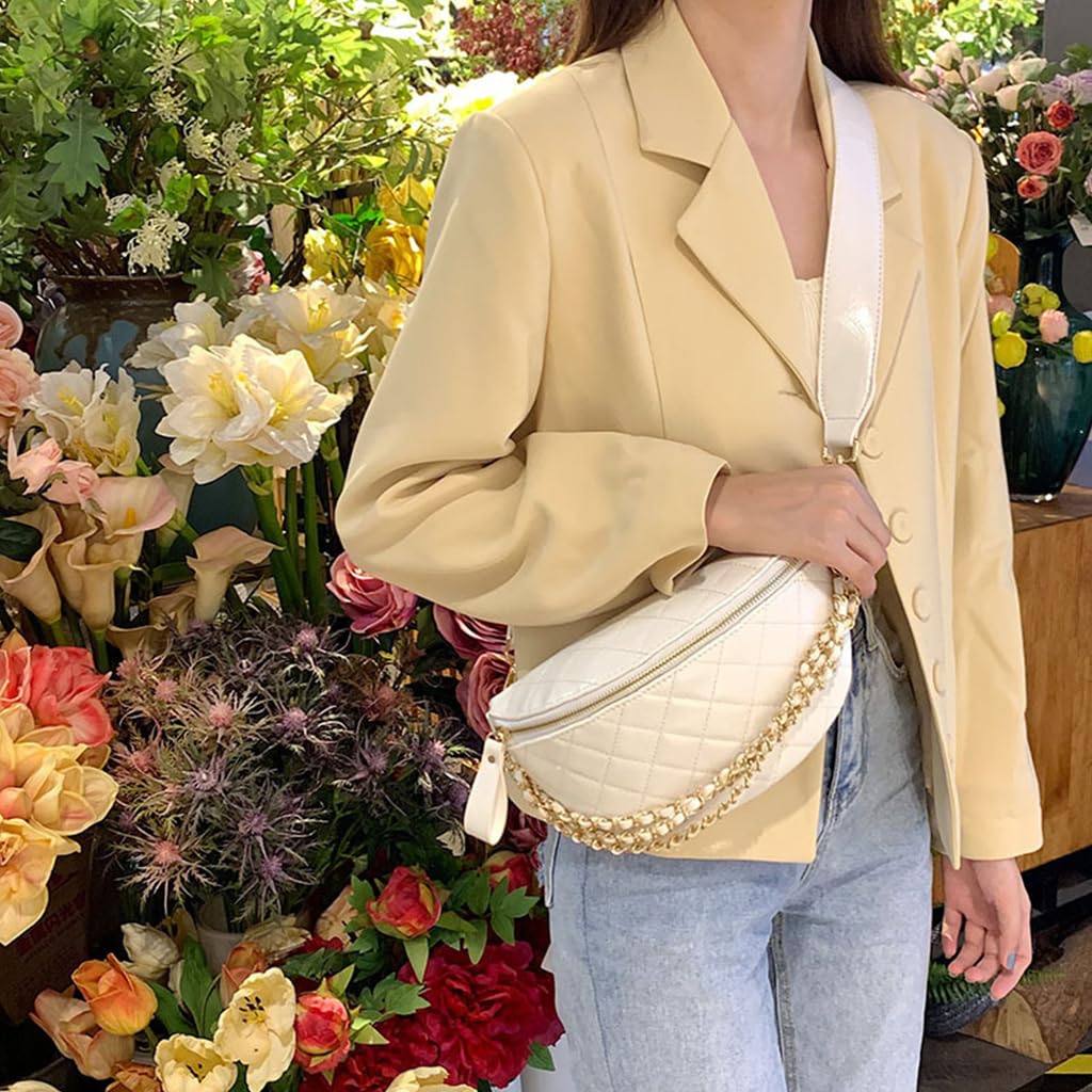 PALAY® Women Sling Bag Fashion PU Shoulder Bag for Women Chain Bag Wide Shoulder Strap Crossbody Bag Phone Bag Casual Style Women Bag for Daily, White