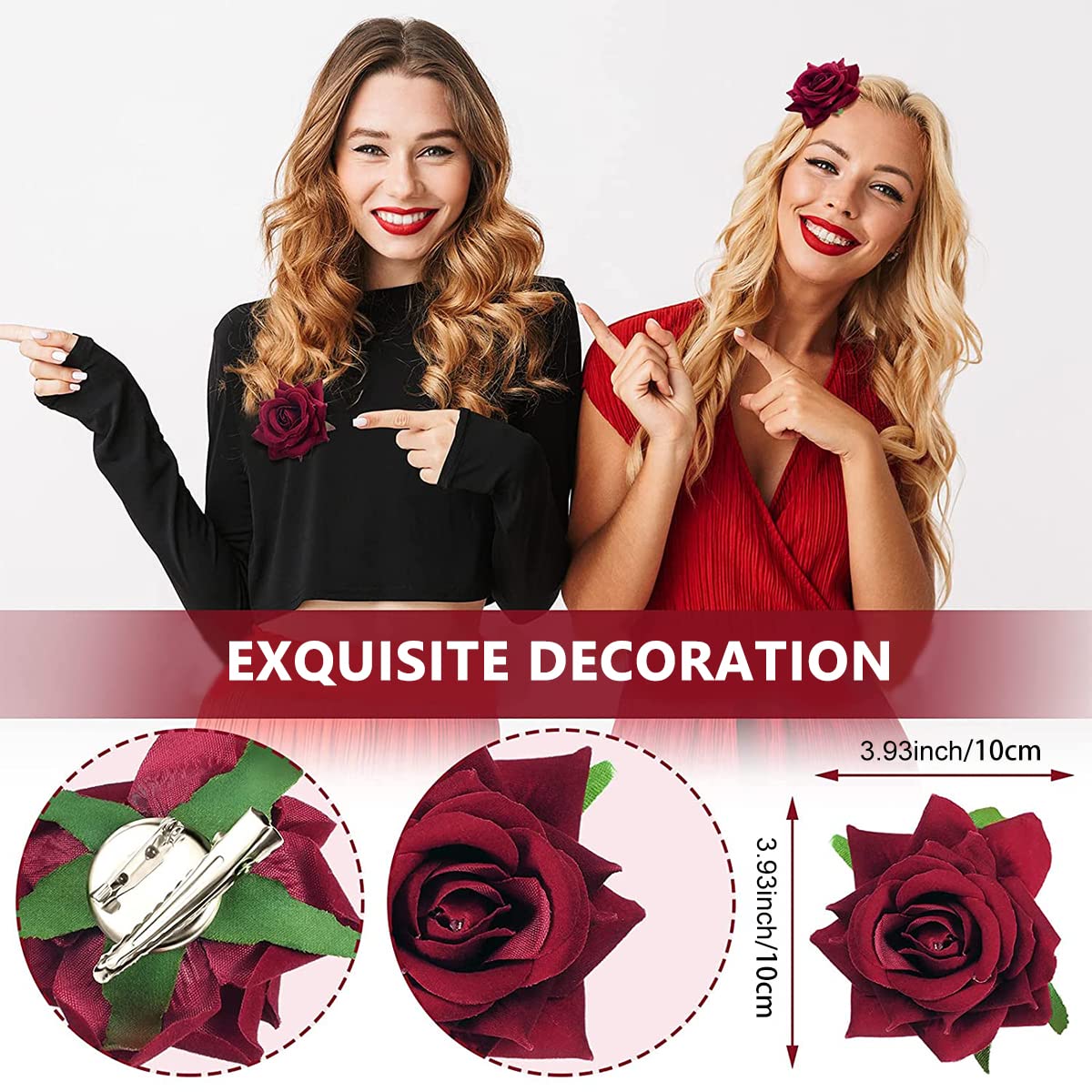 PALAY Rose Hair Clips Set for Wedding and Party Hairstyling with 4 Floral Pieces | Felt Fabric Accessories for Women and Girls