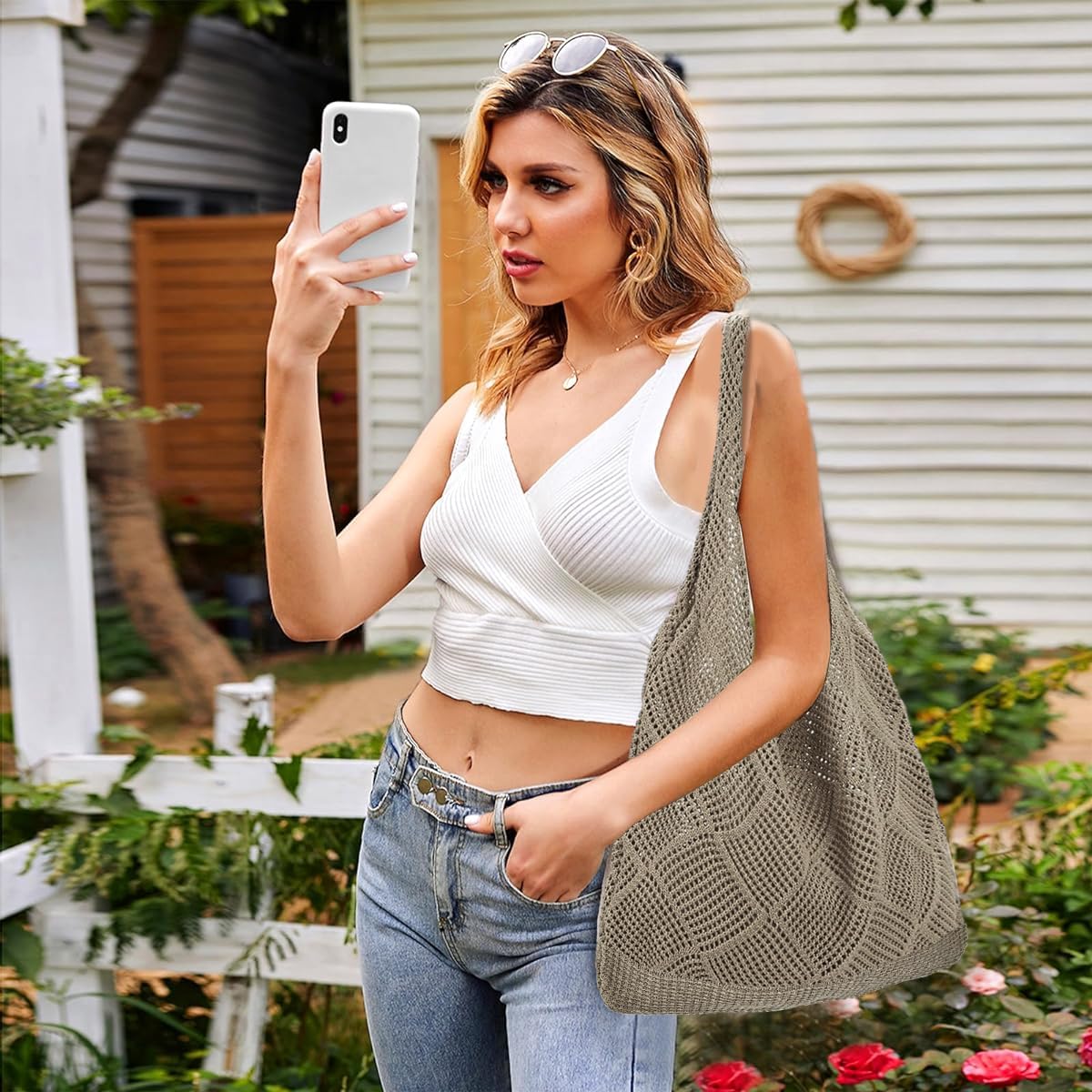 Venzina Hand Bag for Everyday Style featuring Hollow Out Crochet Design 29x37cm Khaki