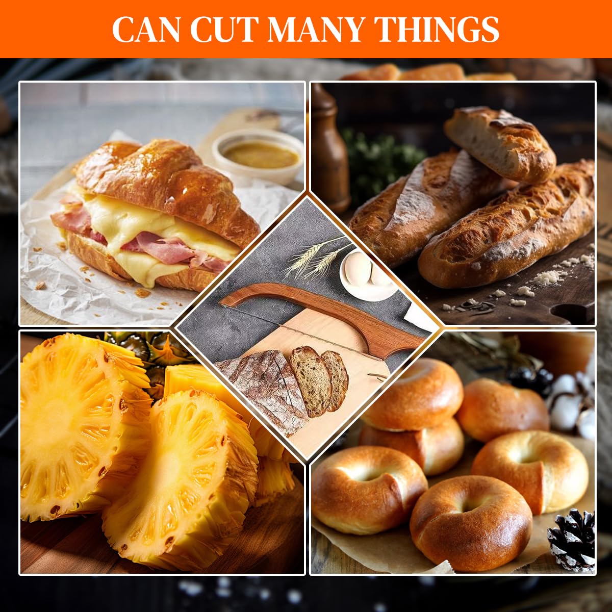 Supvox Serrated Bread Cutter for Kitchen with Wooden Handle and Screw-Fixed Blade | Stainless Steel 2 in 1 Slice Guide