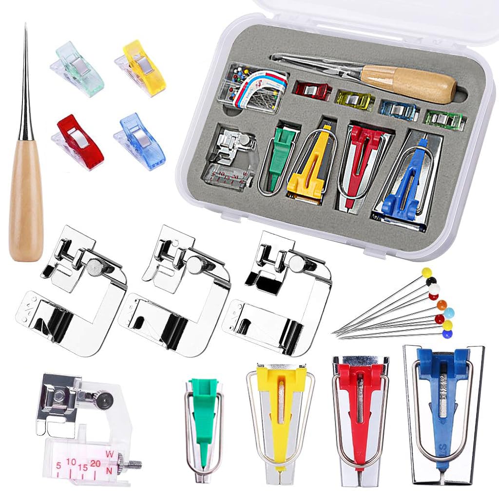 HASTHIP® Bias Tape Tool Kit with Instruction, 5 Sizes Bias Tape Maker (6mm 9mm 12mm 18mm 25mm) with 4 Pcs Sewing Machine Presser Foot, Sewing Clips, Ball Point Pins, Awl, for Fabric Sewing