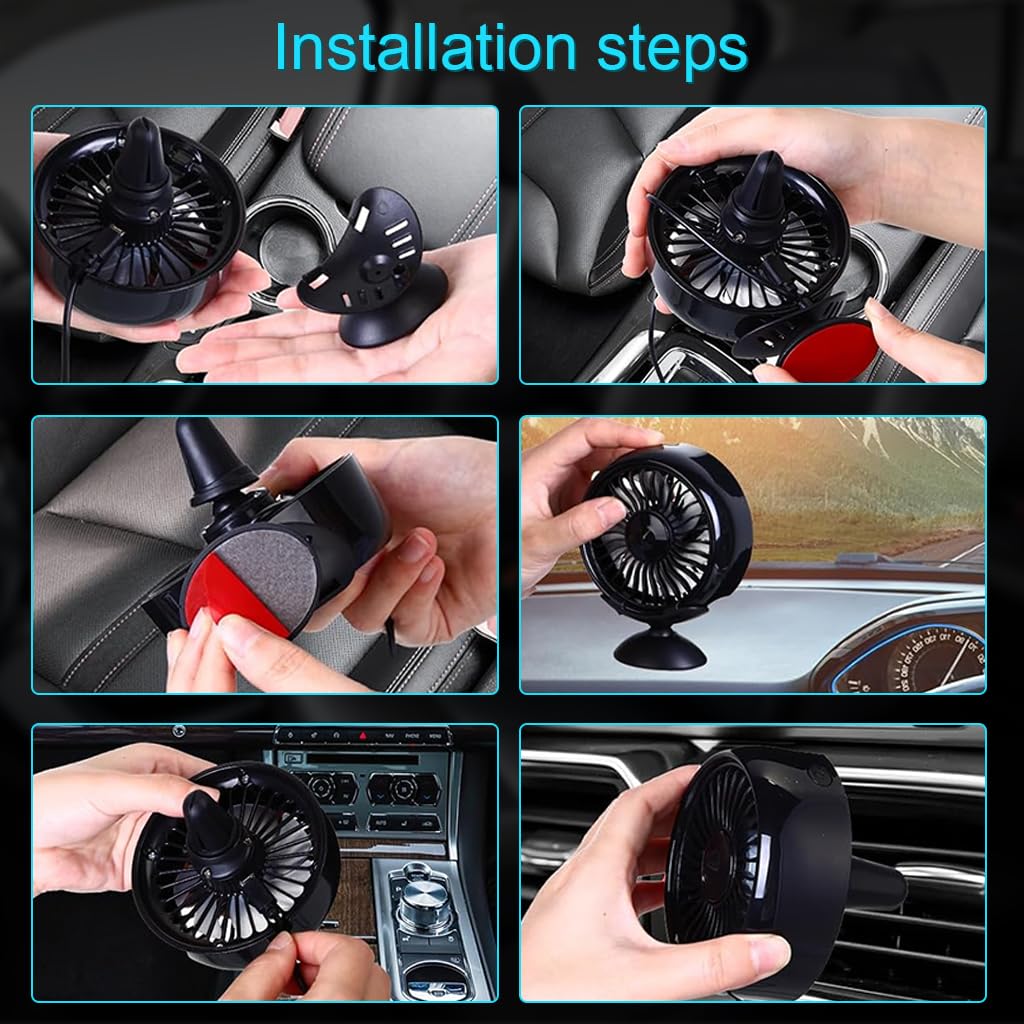 STHIRA USB Car Fan for Dashboard and Air Vent with 3 Speeds and 80cm Cable | LED Cooling