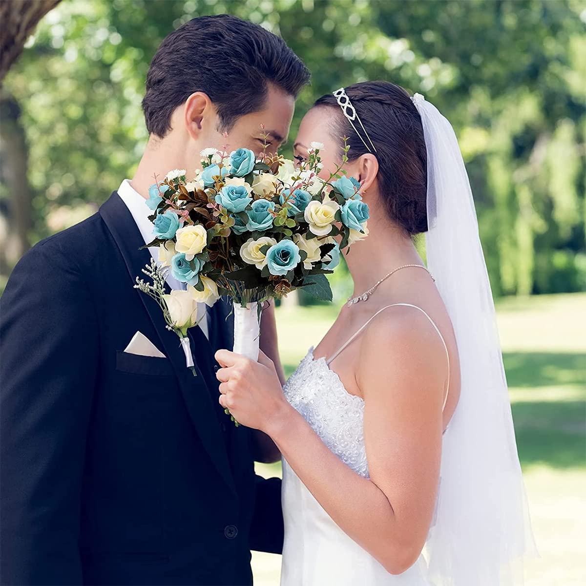 HASTHIP Artificial Rose Flowers for Home and Wedding Decoration with 2 Bundles Blue and White | Silk Fabric Realistic Rose Bouquet