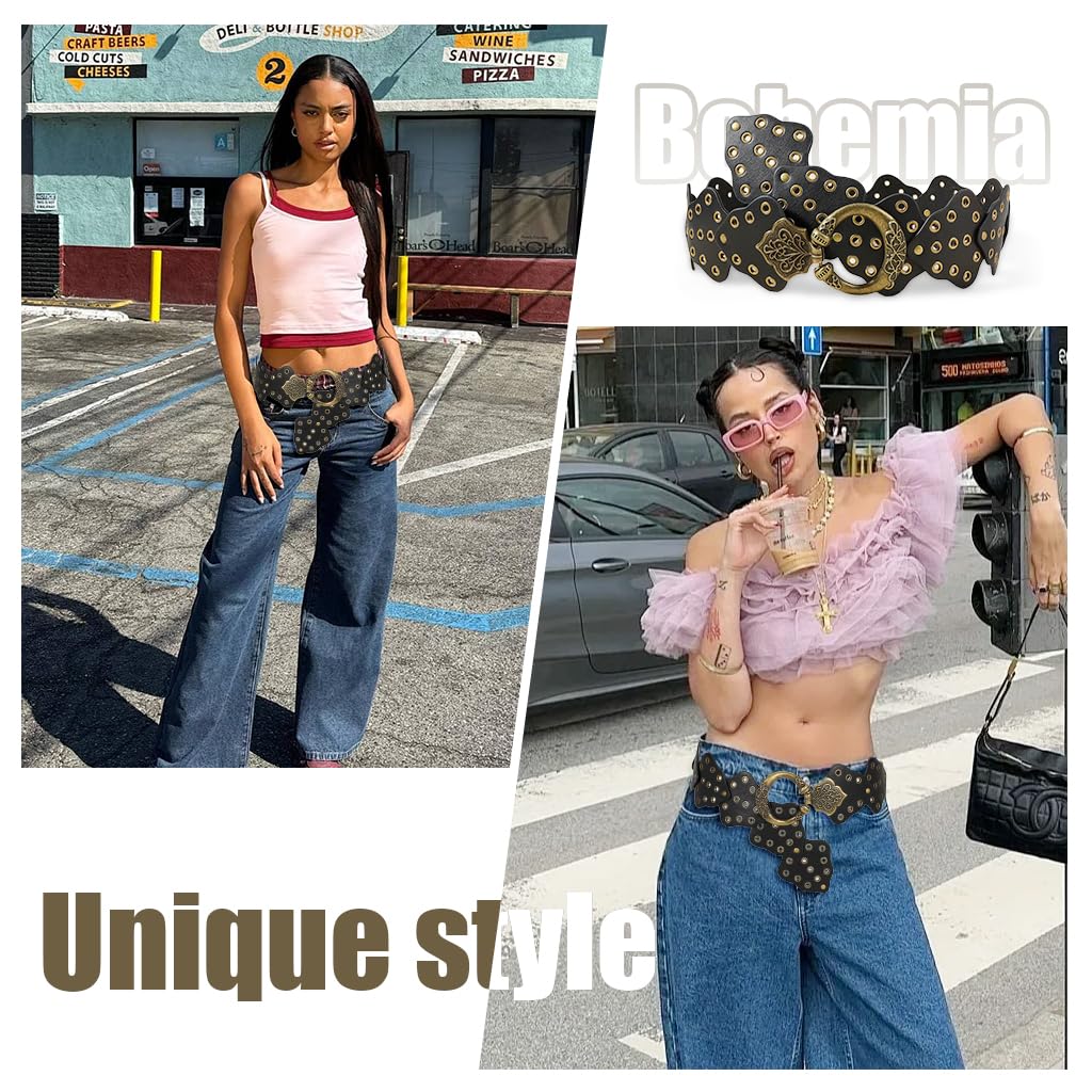 SANNIDHI Belt for Women featuring Antique Embossed Buckle and Studded PU Leather | Vintage Punk Style for Jeans Dresses Skirts