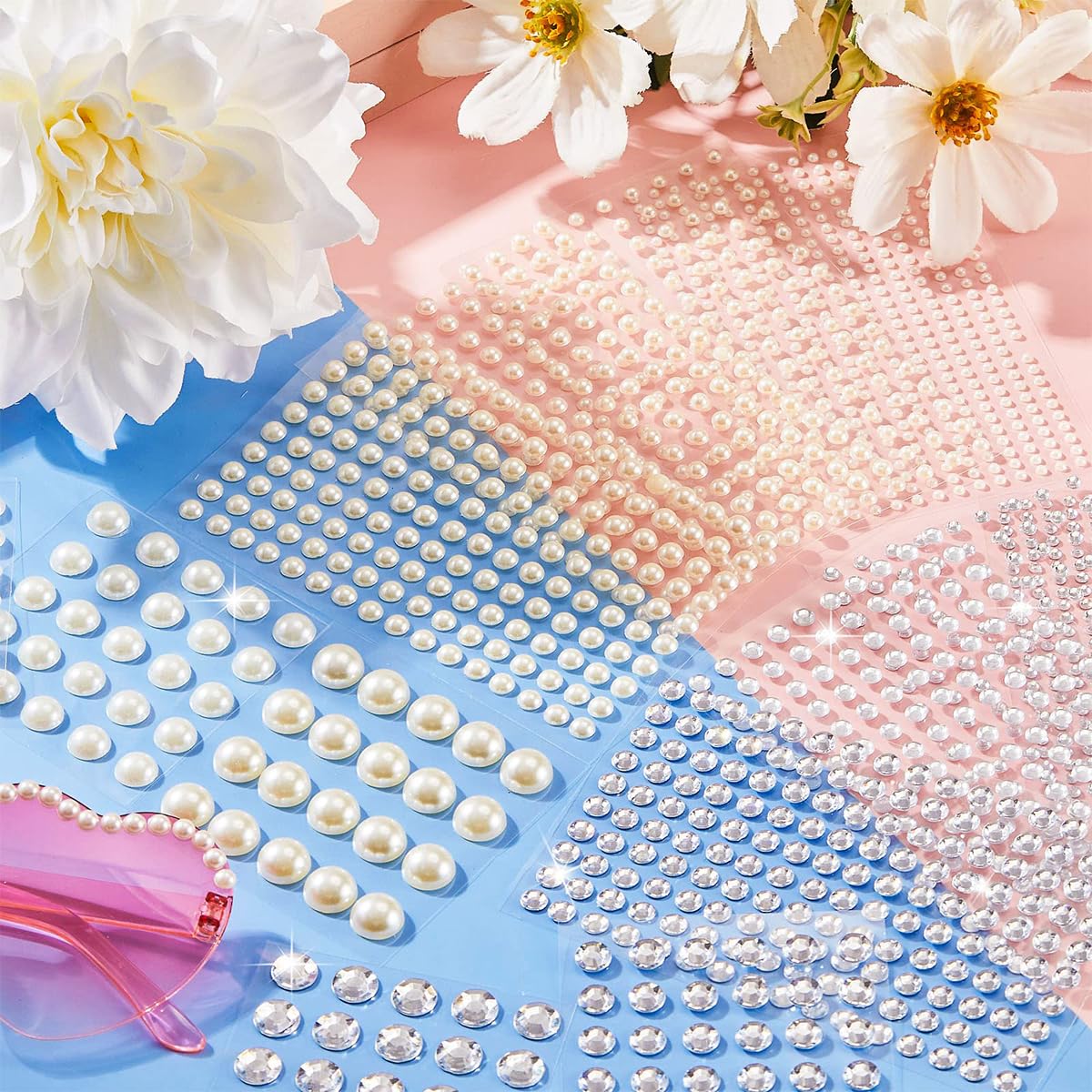 ZIBUYU Face Gem Stickers for Makeup and DIY Crafting with 14 Sheets 2023 Pcs | Self Adhesive Pearls and Rhinestones