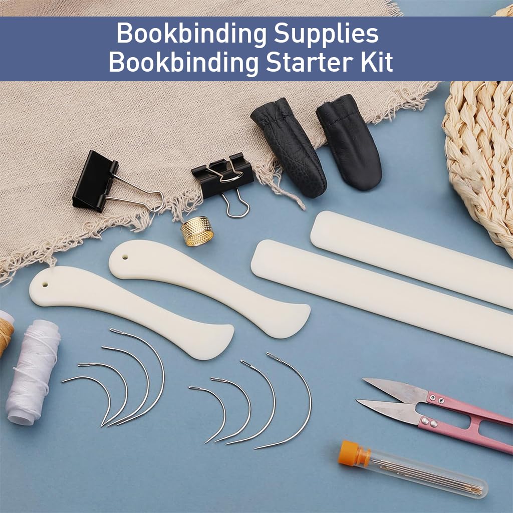 HASTHIP® 33 Pcs Bookbinding Kit with Stitching Needles, Paper Creaser Tool, Waxed Thread, Awl, DIY Leather Craft Tools for Stitching, Burnishing, DIY Bookbinding