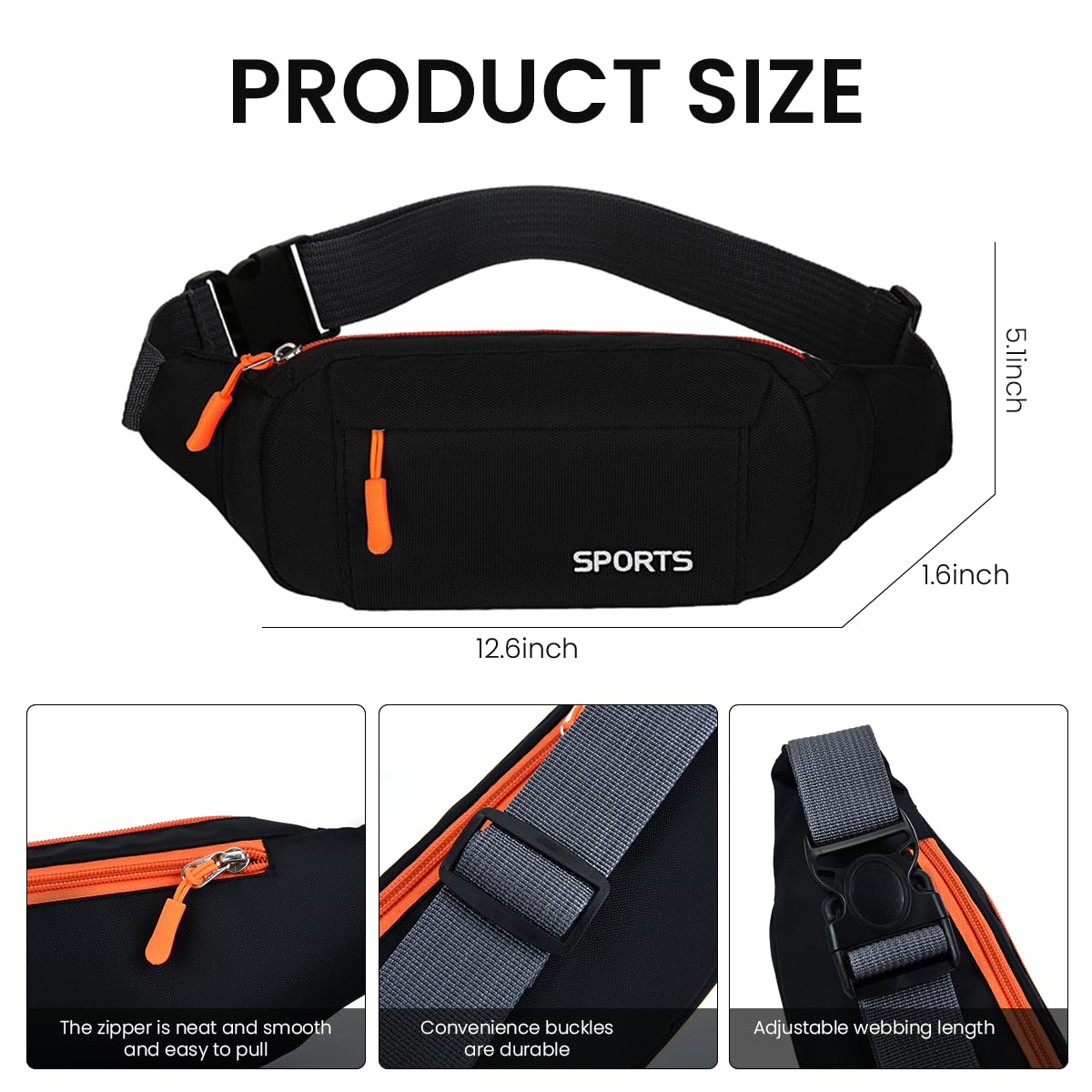 GUSTAVE Waist Bag for Travel and Daily Use with 4 Zipper Pockets 30×10cm | Waterproof Nylon