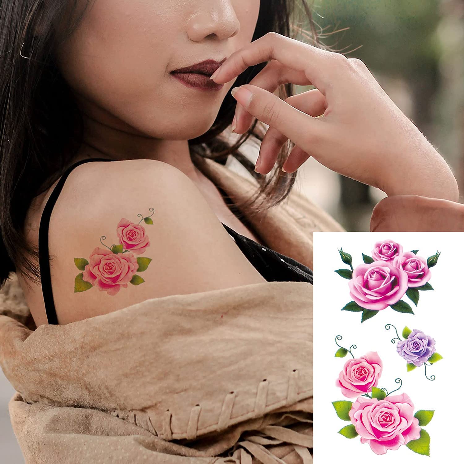 MAYCREATE 40 Sheets Waterproof Temporary Tattoos Sticker for Women Color Flowers Tattoo Sticker Temporary Tattoos Stickers Roses Butterflies Assorted Tattoo Sticker for Arm Multi