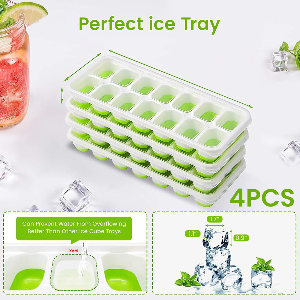 HASTHIP Ice Cube Tray for Freezer Set of 4 with 56 Cubes and Soft TPR Bottom Design
