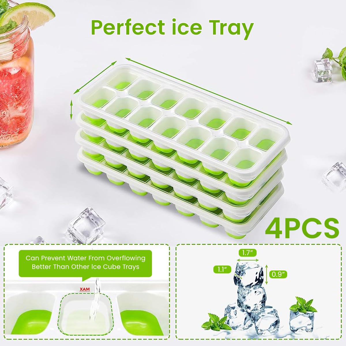 HASTHIP® 4 Pack Ice Cube Trays, Airabc Silicone with Removable Lid, Easy-Release Silicone & Flexible, BPA Free, for Cocktail, Freezer, Stackable Ice Trays with Covers