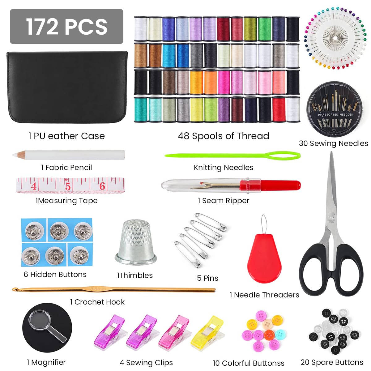 ELEPHANTBOAT® 172Pcs Sewing Kit Stitching Needle Tool Sewing Bag Multi Color Threads Sewing Kit DIY Home Sewing Kit Travel Sewing Kit Sewing Needle Kit with Scissors, Thimble, Threader, Tape Measure