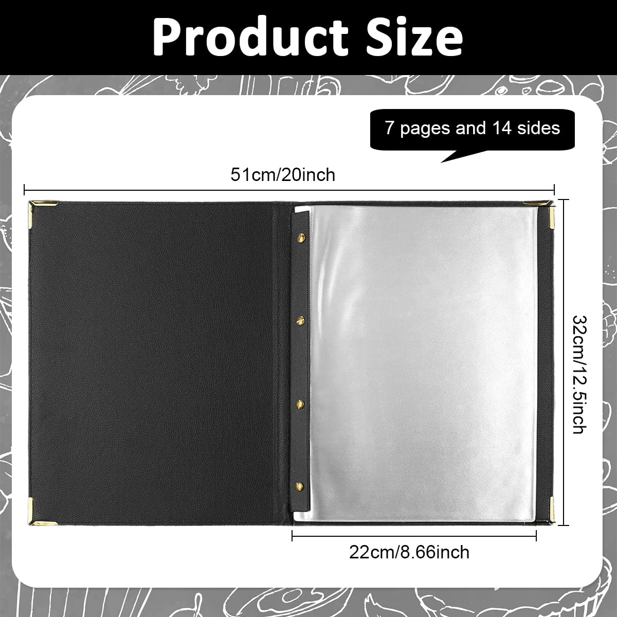 Serplex® Menu Cover High Class Leather Hard Cover Menu Cover with Golden Corner Protectors A4 Size 7-Sheet Double Side Transparent PVC Menu Cover Oil-proof Menu Cover, 12.6x9.8 inches