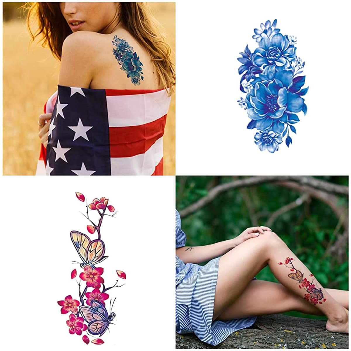 ZIBUYU® 30 Sheets Waterproof Flowers Temporary Tattoos Stickers,Roses Butterflies Assorted Tatto Sticker for Body Art Tattoos for Men