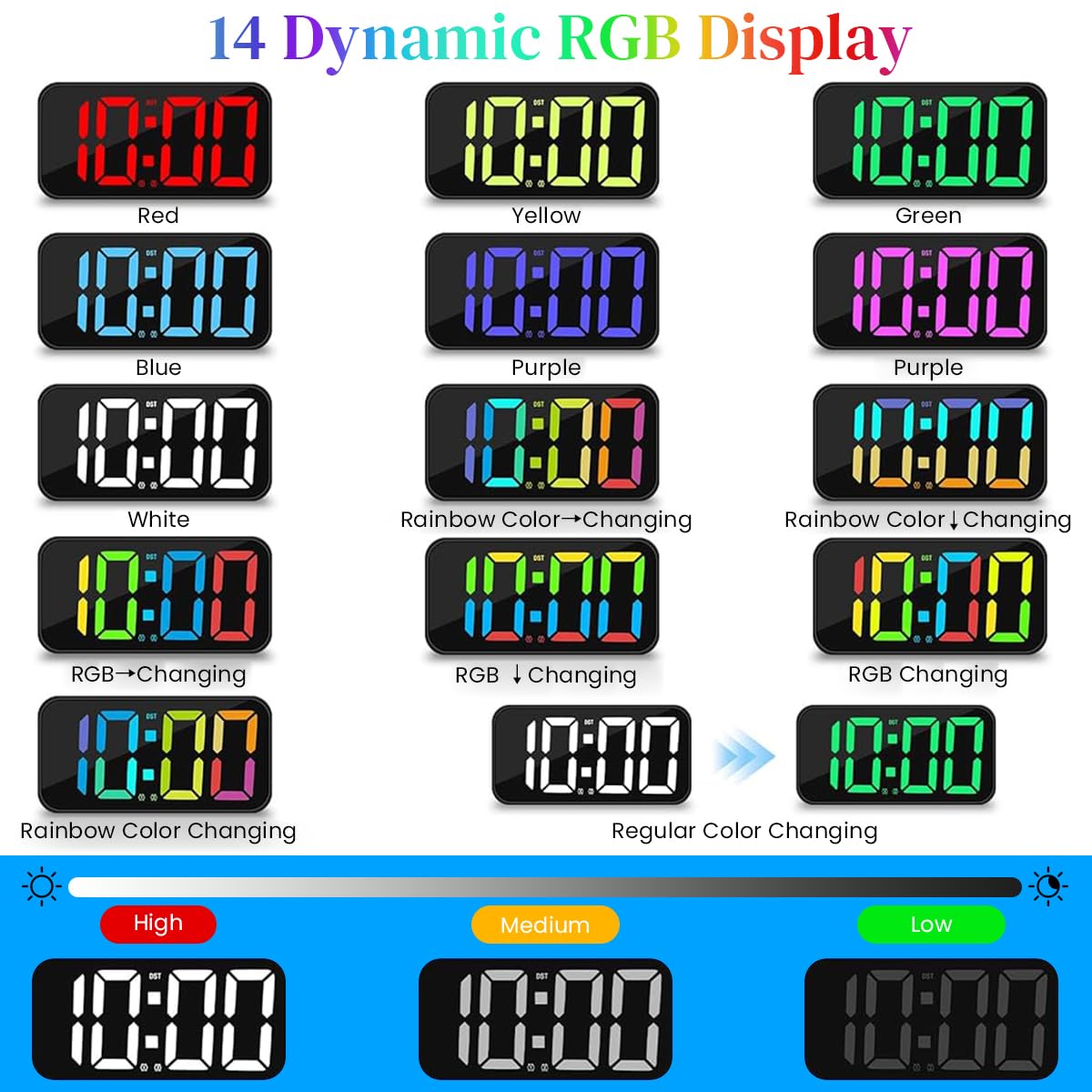 HASTHIP LED Digital Alarm Clock with 14 RGB Color Screen and Dual Alarm | USB Rechargeable Folding Nightlight