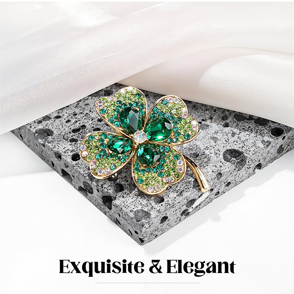SANNIDHI Brooch Pin for Women featuring Green Rhinestone Clover Design | Elegant Gift Accessory