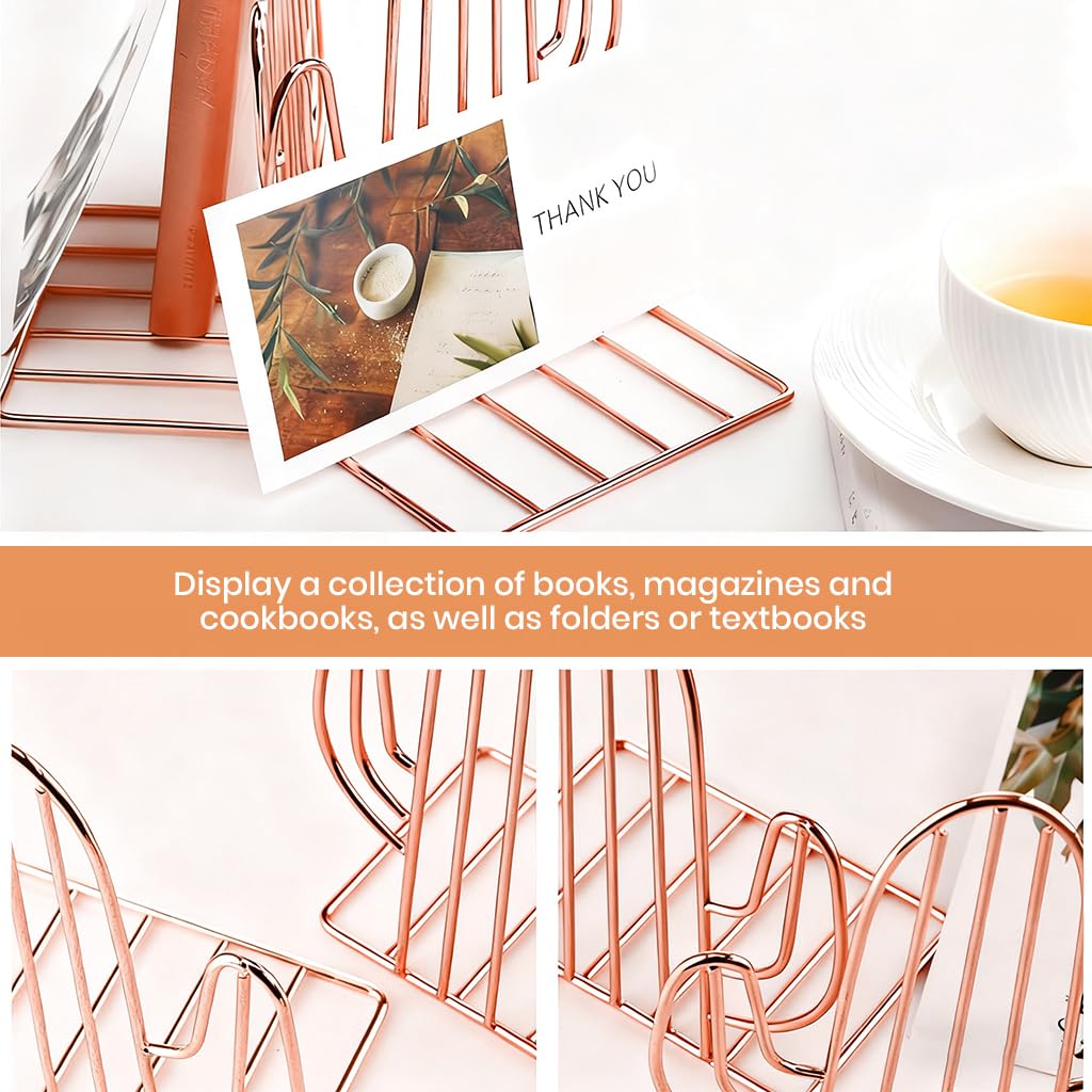 ZIBUYU Bookends for Home and Office with Non Slip Base featuring Brass Cactus Design | Golden Decorative Organizer