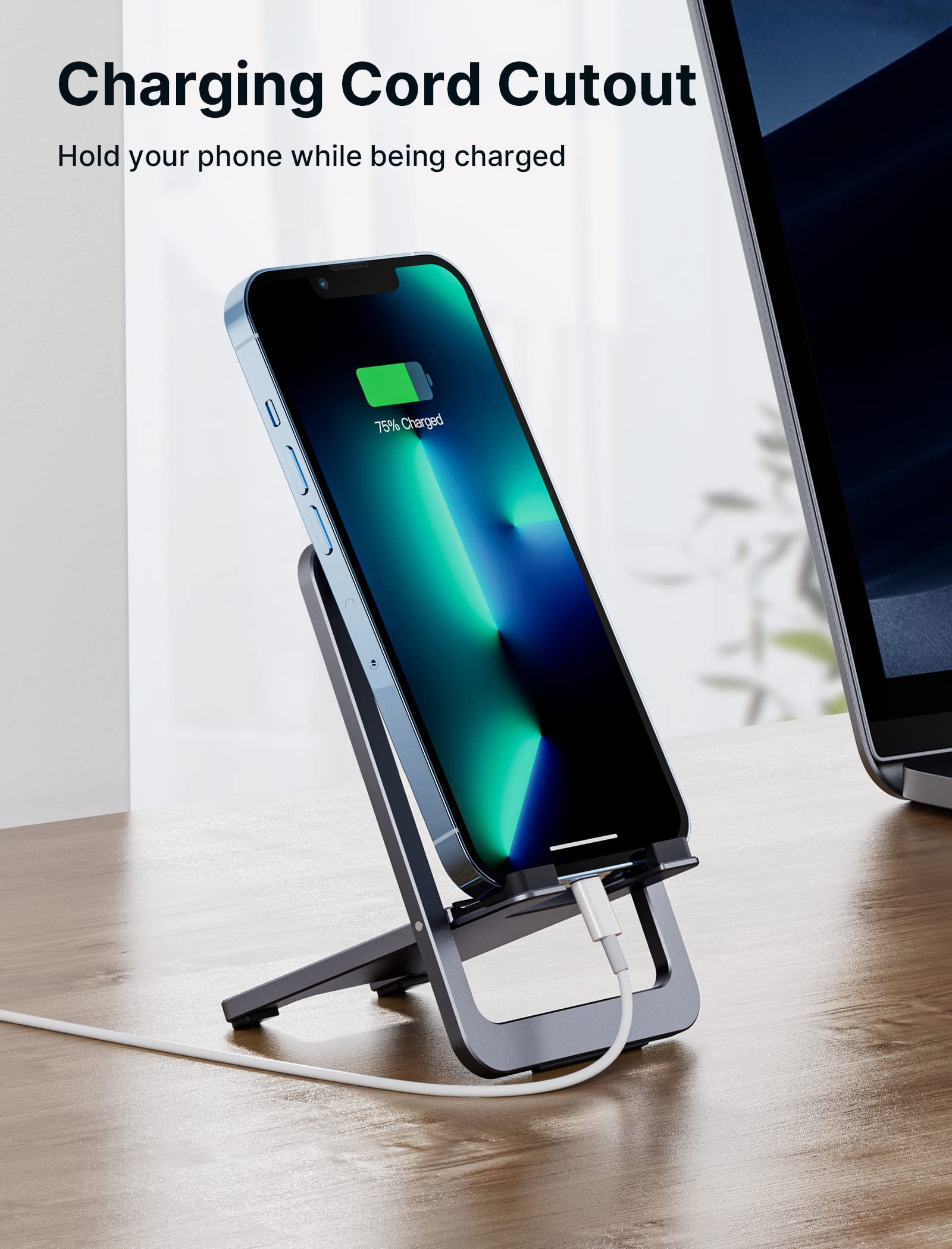JSAUX® Cell Phone Stand, JSAUX Foldable Aluminum Adjustable Phone Holder for Desk Portable Travel Holder Office Desk Accessories Compatible for iPhone 14 13 12 11 Pro Max X Xr Samsung S22 S21 A53 Switch Grey
