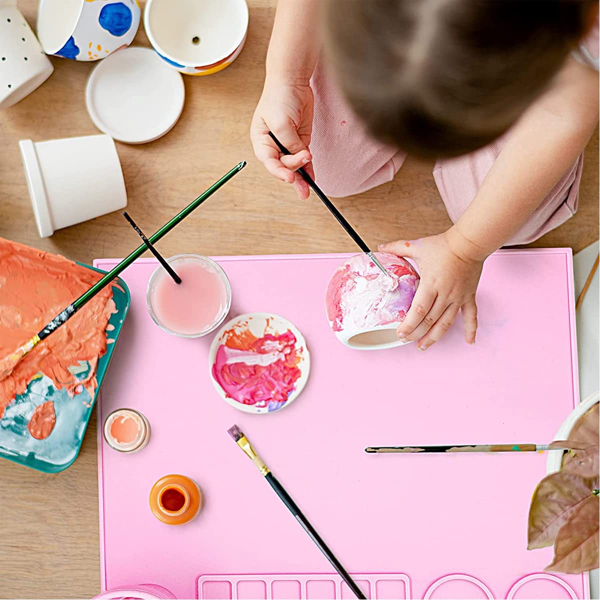 HASTHIP 50 * 40cm Silicone Craft Mat for Painting Play Doh and Clay for Kids, Non-Stick Multipurpose Silicone Sheet with Cleaning Cup and Palette for Arts and Crafts, Painting, Resin Casting