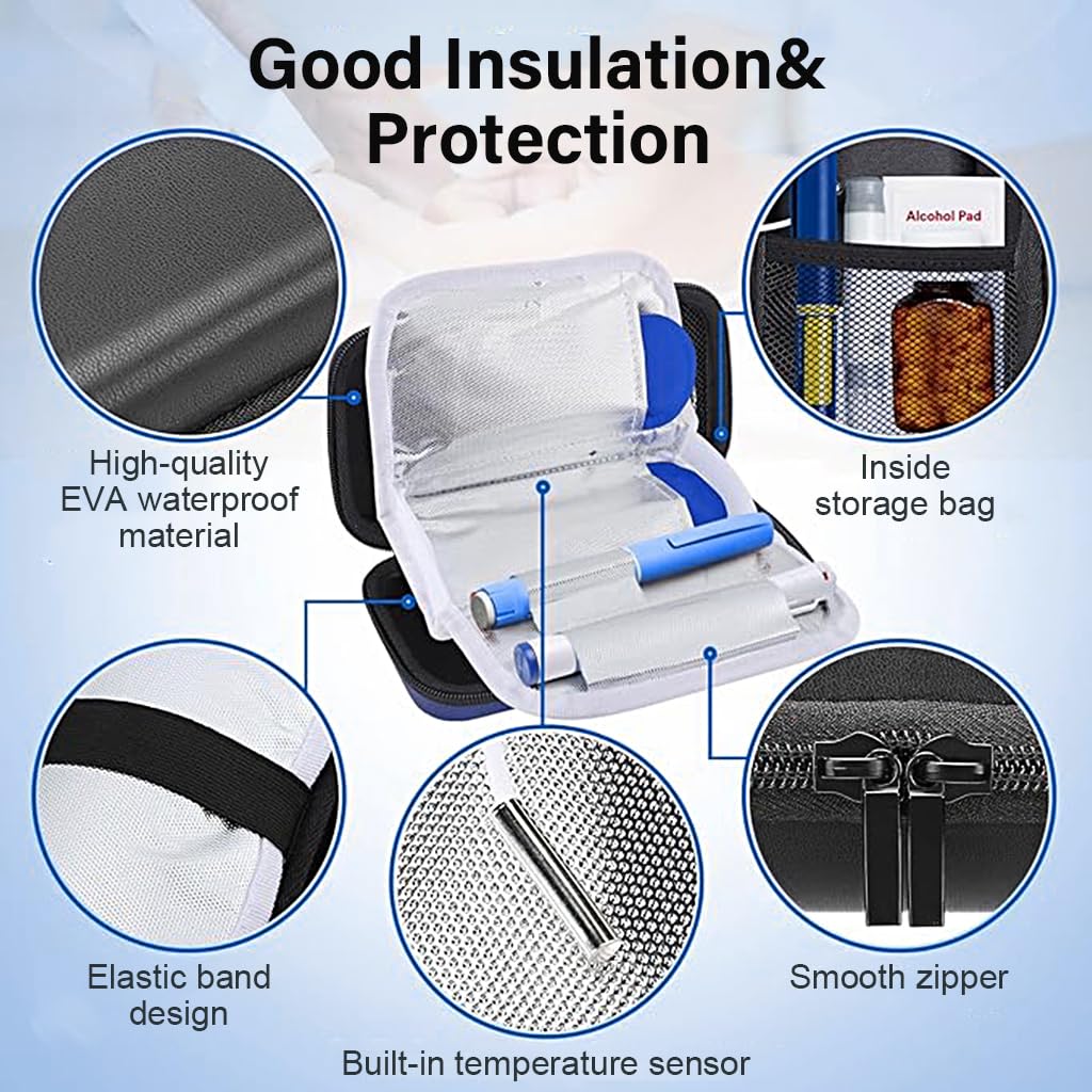 HANNEA Insulin Cooler Travel Case with Temperature Display and 2 Ice Packs for 4–6 Hours | Hard EVA Medicine Storage Box 10x21x6cm