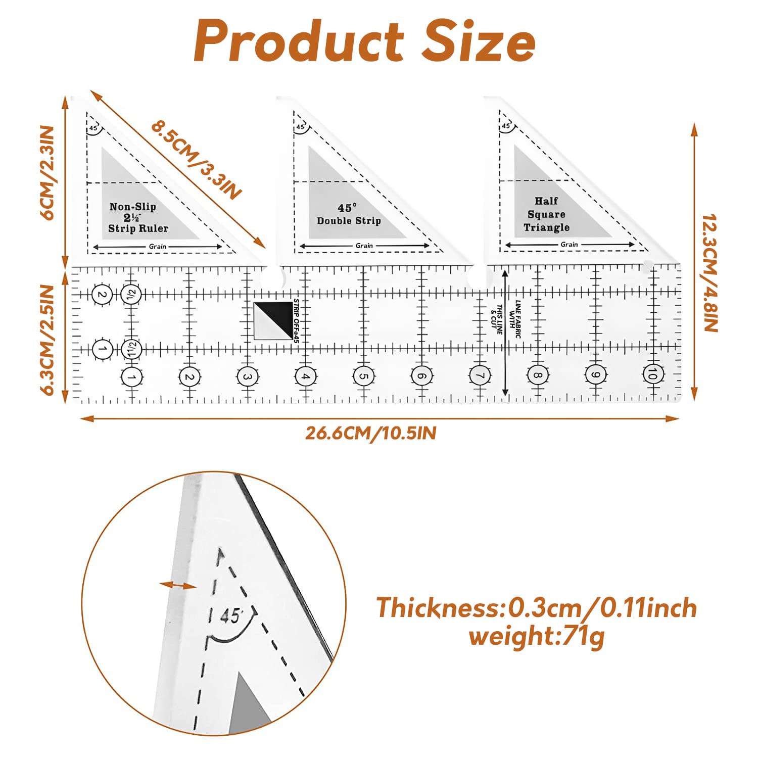 Serplex 45¡ã Double Strip Ruler, Strip Tube Quilting Ruler, Acrylic Quilt Rulers, Non-Slip Quarter Square Triangle Cutting Guide for Sewing (10 inch)