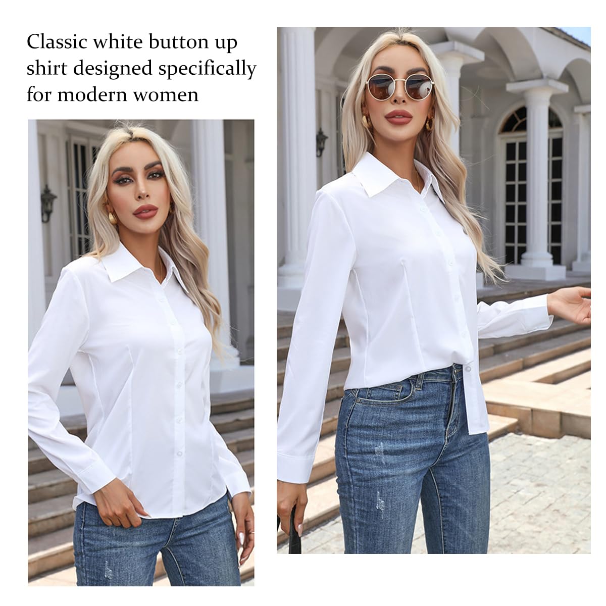 PALAY® Women's Long Sleeve Classic-Fit Dress Shirts Button Down Wrinkle-Free Stretch Executive Solid Casual Work Office Blouse Top, L