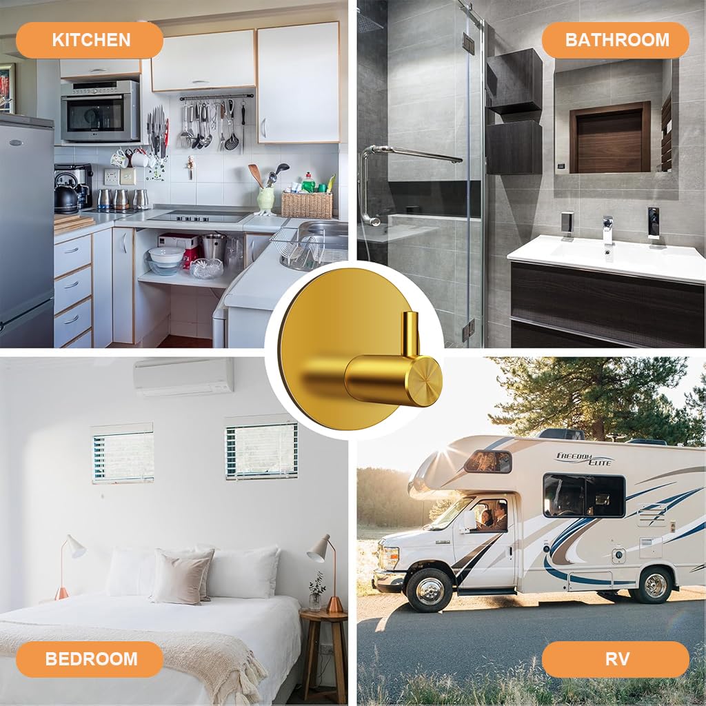 HASTHIP Self Adhesive Wall Hooks for Bathroom and Kitchen featuring 4pcs 0.5 in Golden Stainless Steel | Waterproof Rustproof Utility Hooks