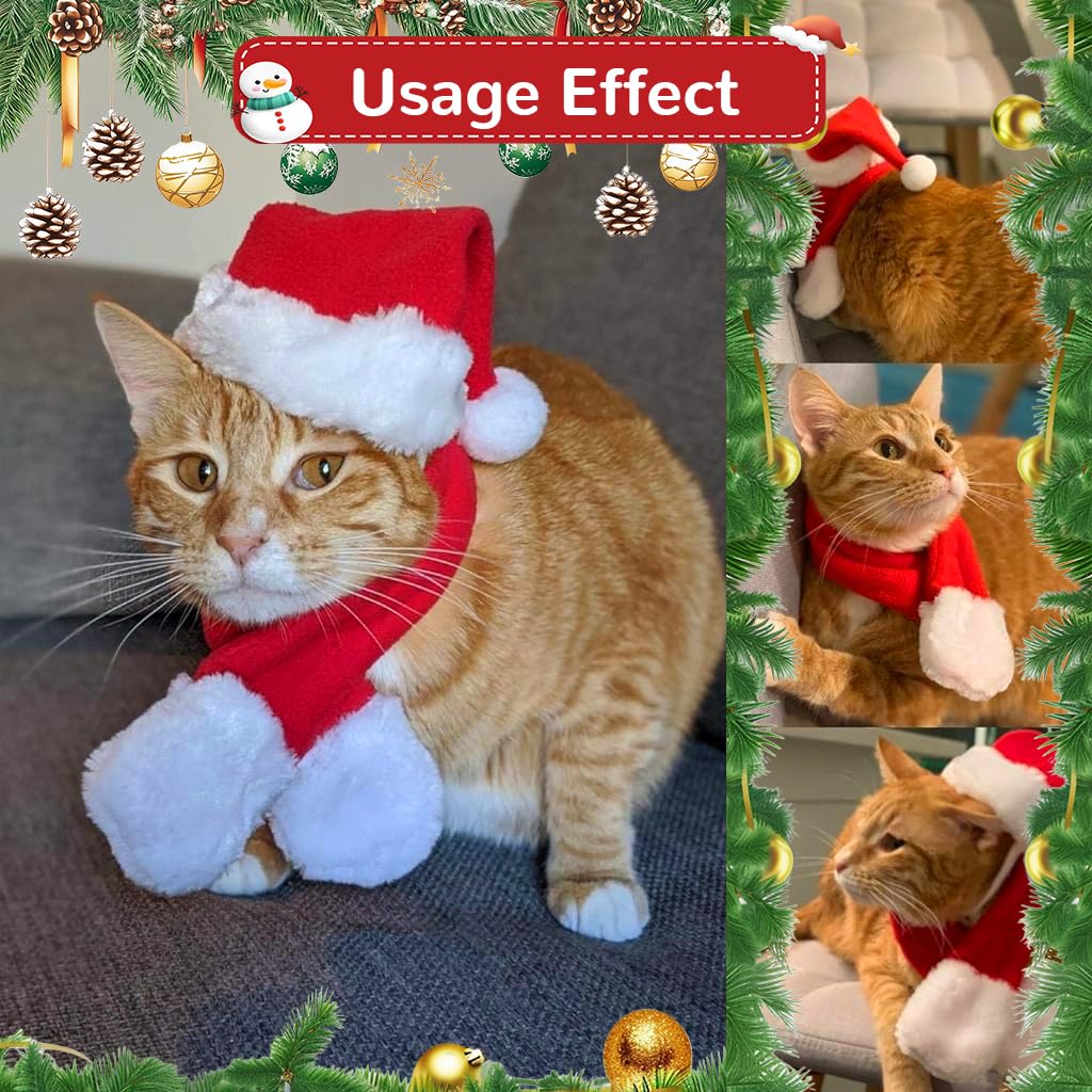 Qpets Christmas Cat Costume Set for Holiday Photos with Adjustable Hat and Scarf 36 cm