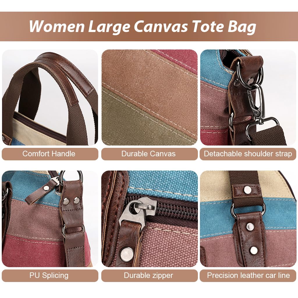 PALAY® Tote Bag Women Large Canvas Tote Bag Shoulder Bag Briefcase Crossbody Bag with Shoulder Belt Fashion Color Stripy Print Tote Bag Casual Tote Bag for Daily, Travel, 36x12x37 cm