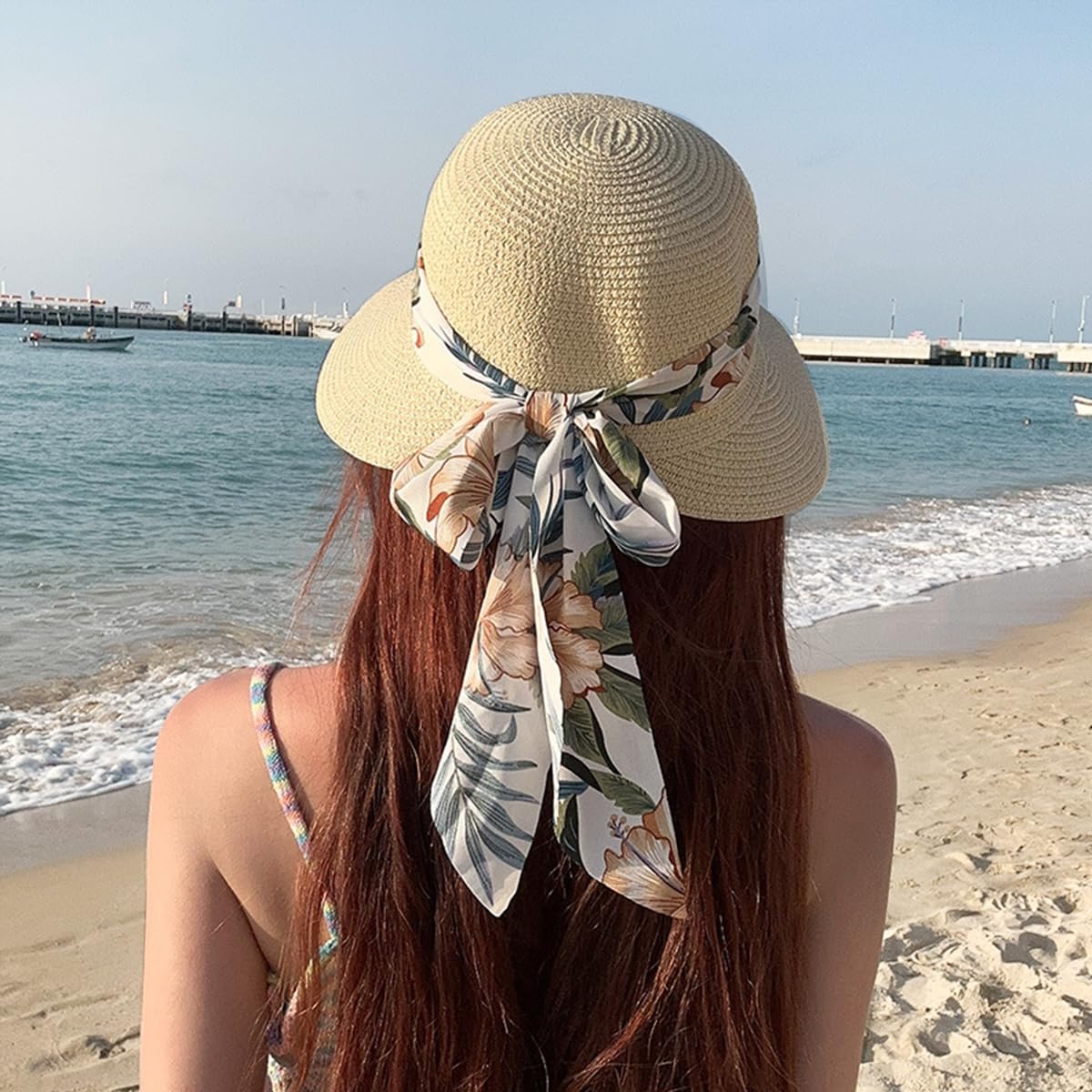 PALAY Straw Hat for Women featuring Wide Brim UV Protection and Floral Print Ribbon Beige