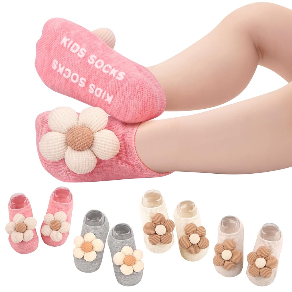 SNOWIE SOFT® 4Packs Non-Slip Baby Girl Socks with Grips for Newborn Infant Toddler Girls,Soft Flowers Design Toddler Grip Socks-Multicolor