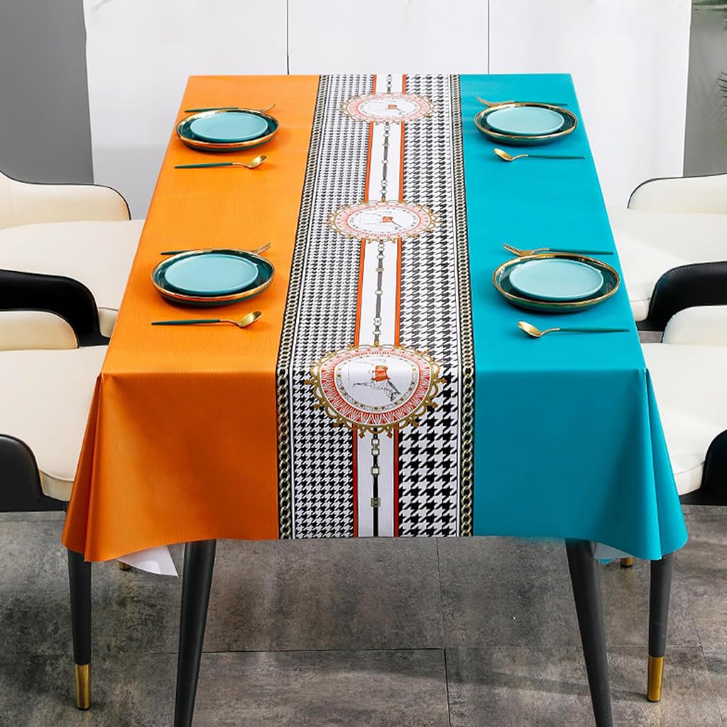 ZIBUYU® Dining Room PVC Tablecloth 140x220cm Waterproof Oil Resistant PVC Tablecloth Fashion Blue Orange Print Table Runner Print Tablecloth Modern Tablecloth for Rectangular Tables, Buffet Tables