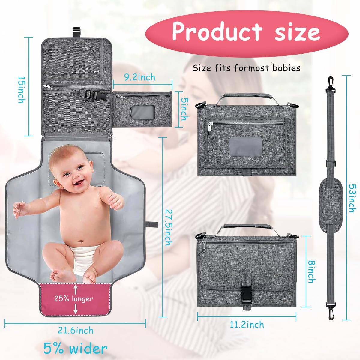 SNOWIE SOFT Portable Diaper Changing Mat for Baby with 21x27 in Waterproof Pad & Storage Pockets | Grey Travel Essentials