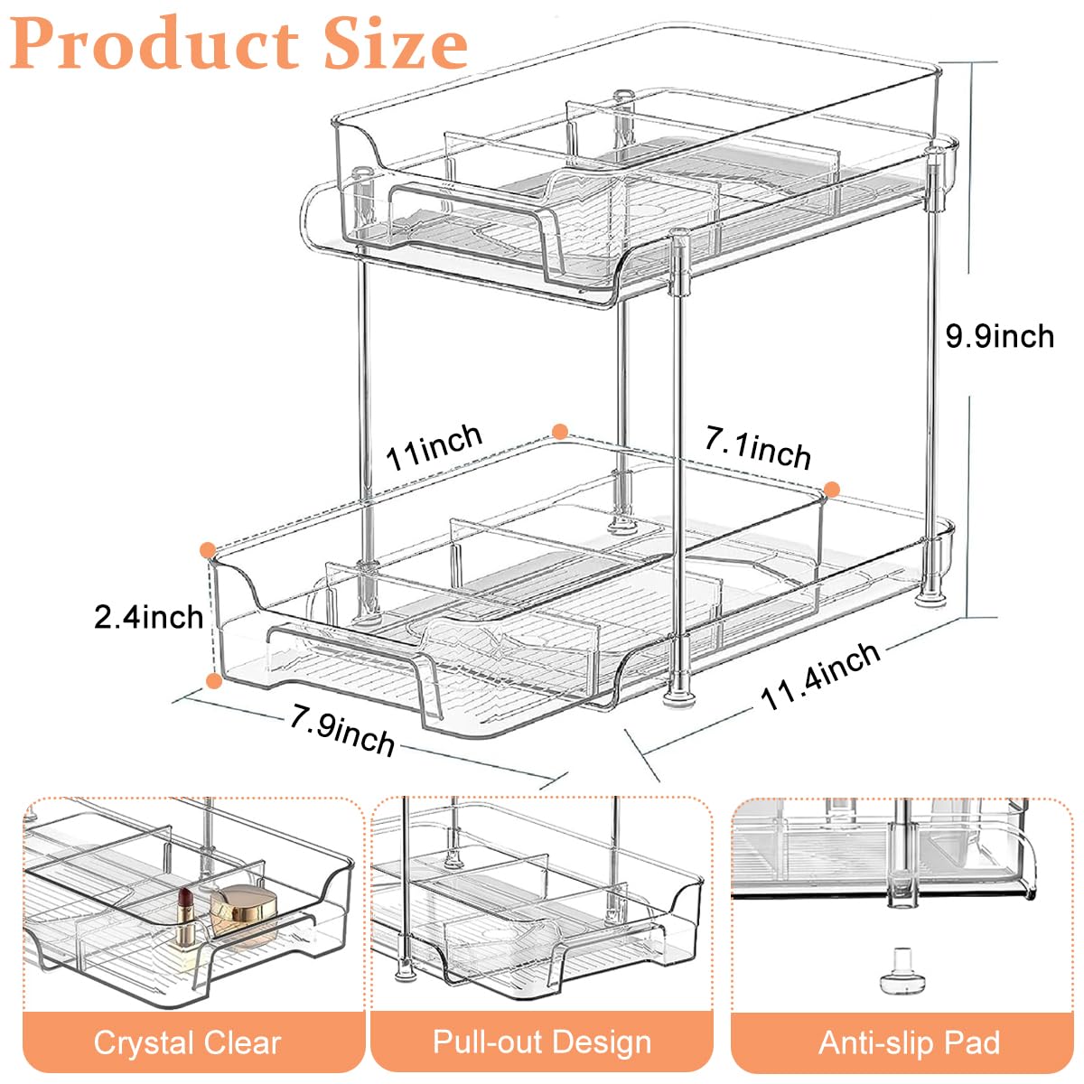 HASTHIP® 2 Tier Desk Storage Organizer, Clear PET Organizers Pull Out Sliding Desk Organizers Makeups Organizers Double Layer Desk Organizers for Office, Kitchen, Bathroom, Dressing Table