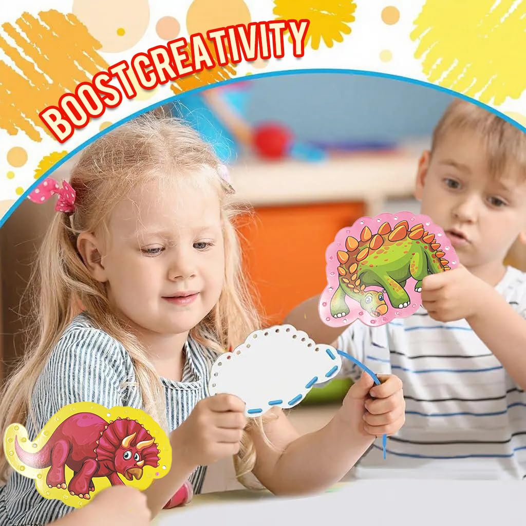 PATPAT Dinosaur Lacing Cards for Kids including 12 Cards and 12 Ropes | Fine Motor Skill Learning Toy