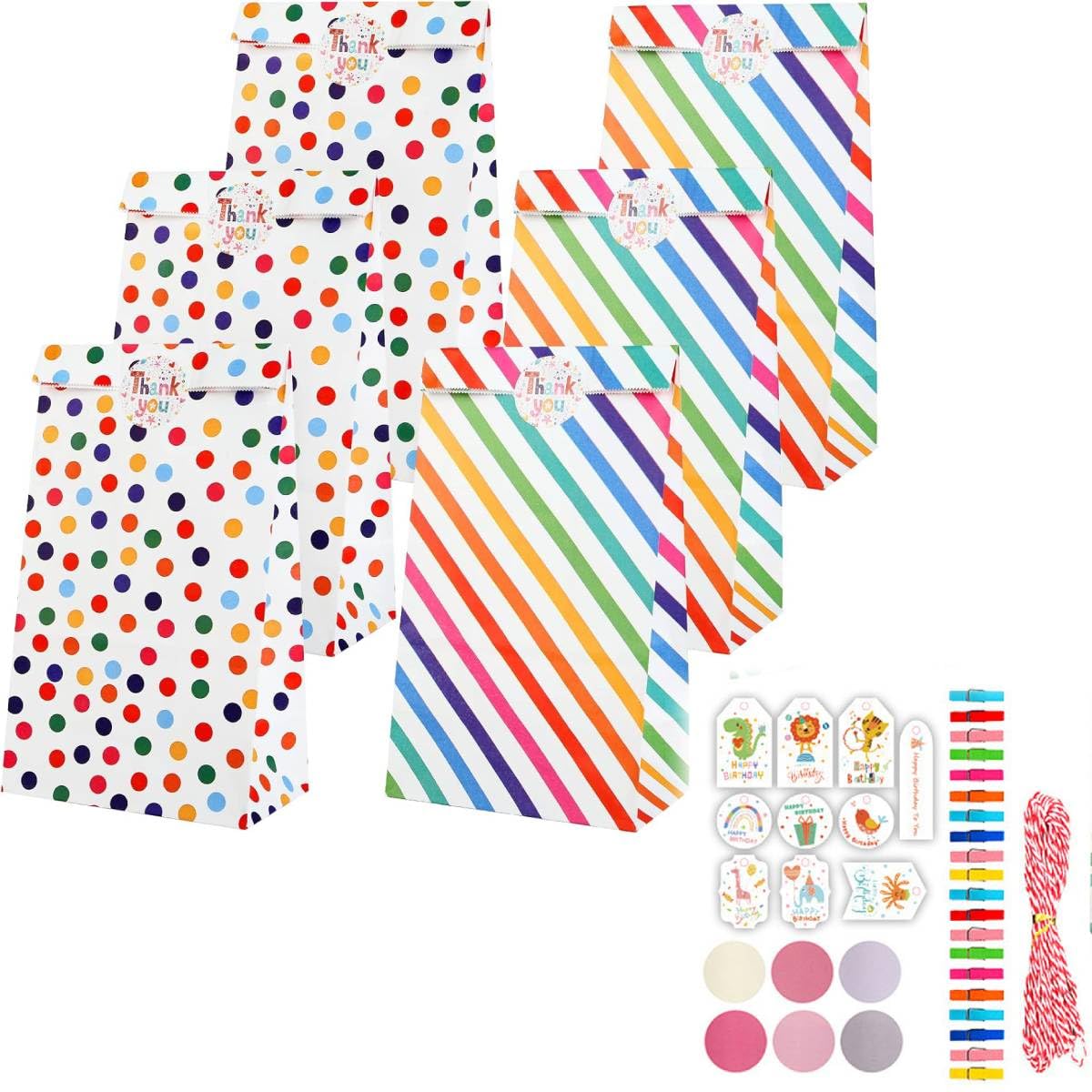 HASTHIP® 20Pcs Paper Gift Bags Candy Gift Bags Color Dots Strips Gift Bags with Stickers, Colorful Wooden Clips, Cute Tags, 10m Cotton Cord, Colorful Paper Gift Bag for Party Favor, Wedding Favor