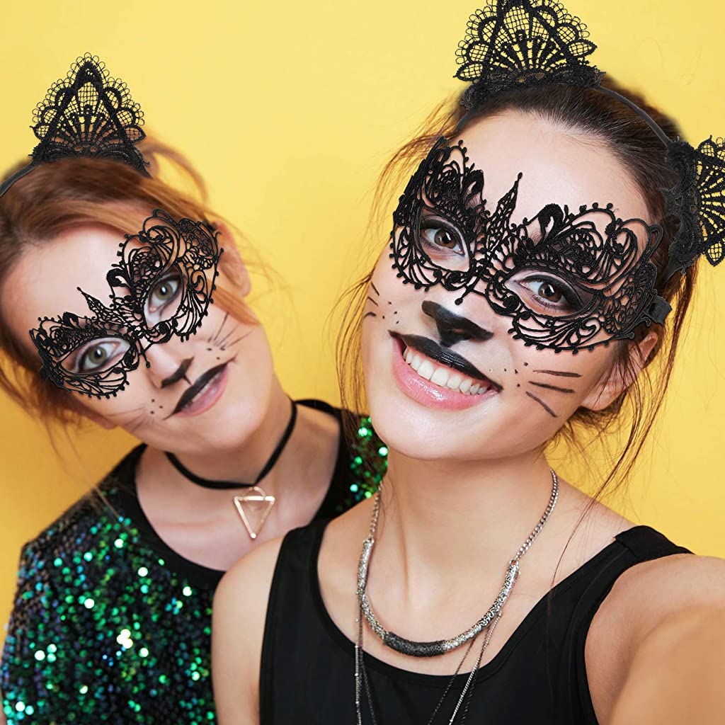 PATPAT Masquerade Mask Set for Women with Lace Eye Mask and Cat Ears Headband 18×16cm | Halloween and Party Costume Accessory