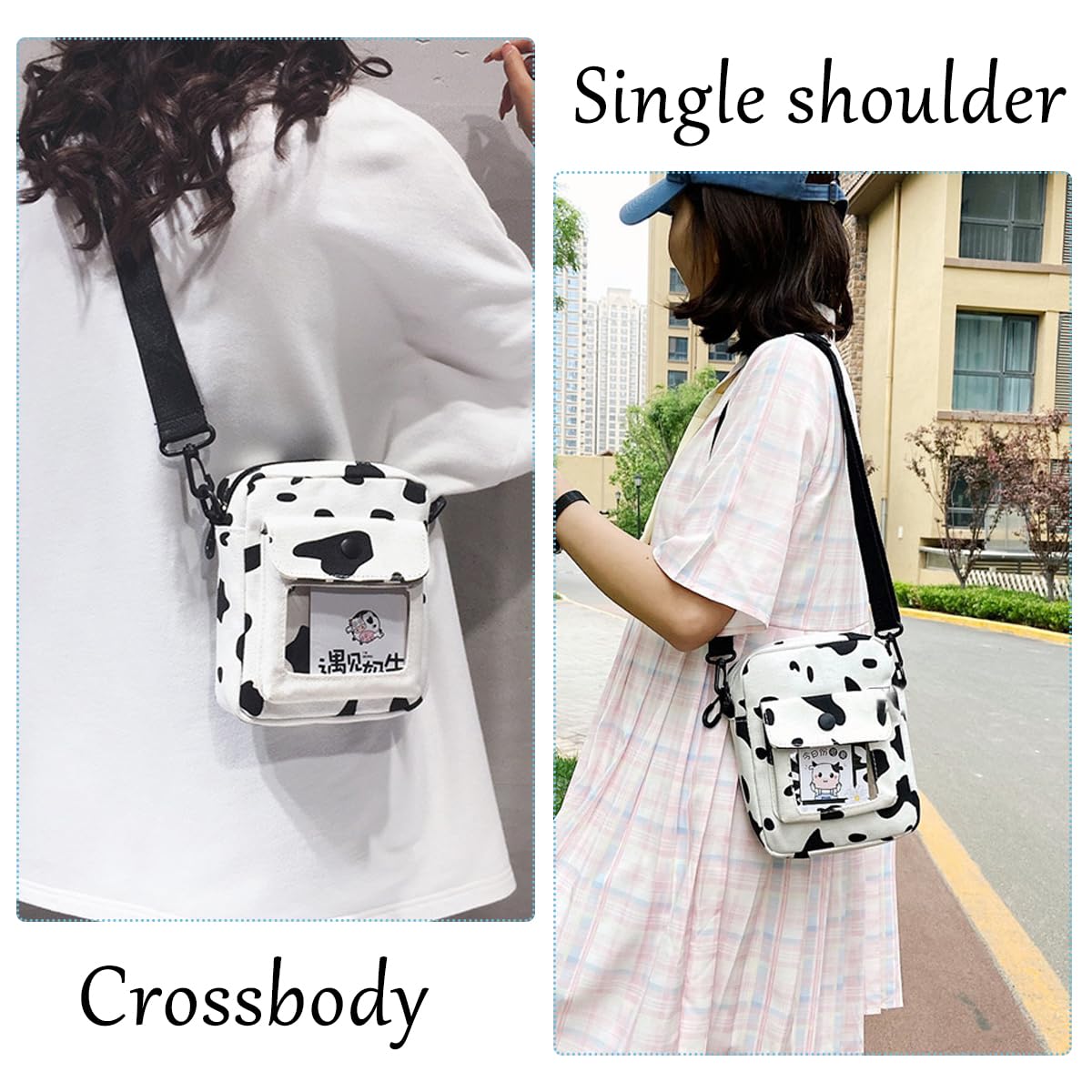 PALAY Canvas Crossbody Bag for Girls with Transparent Window Pocket 15x18cm | Black