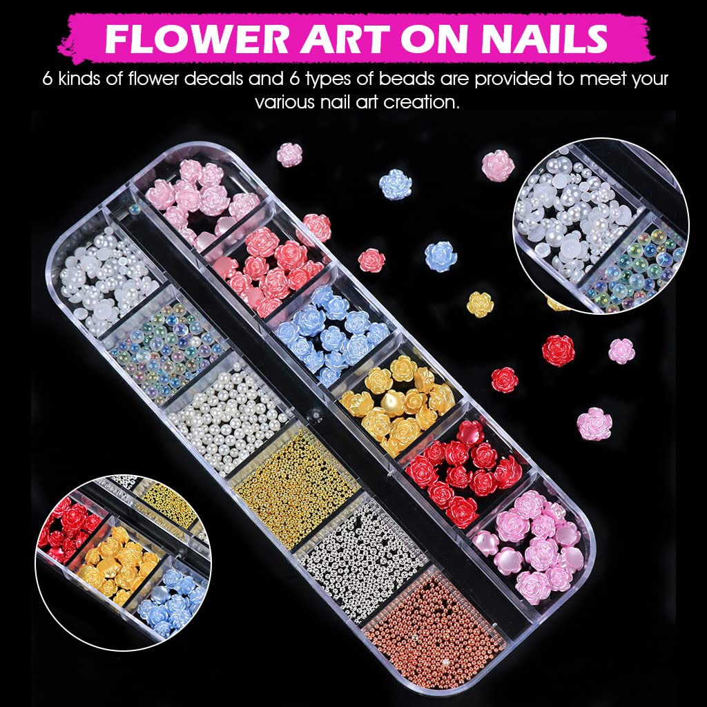 MAYCREATE 3D Flower Nail Art Stickers for DIY Nail Decoration with 12 Grid Resin Charms | 6 Colors