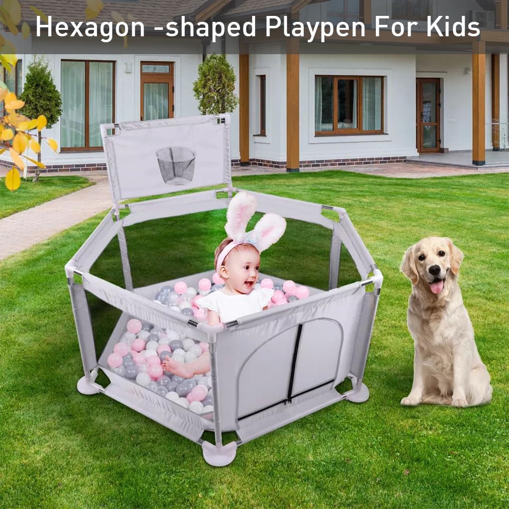 SNOWIE SOFT® Baby Play Area Indoor Setup with Basketball Frame & Gate DIY Assembly Hexagon Play Yard Breathable Playpen for Babies and Toddlers Portable Outdoor Ball Pool for Kids, with 2 Pull Grips