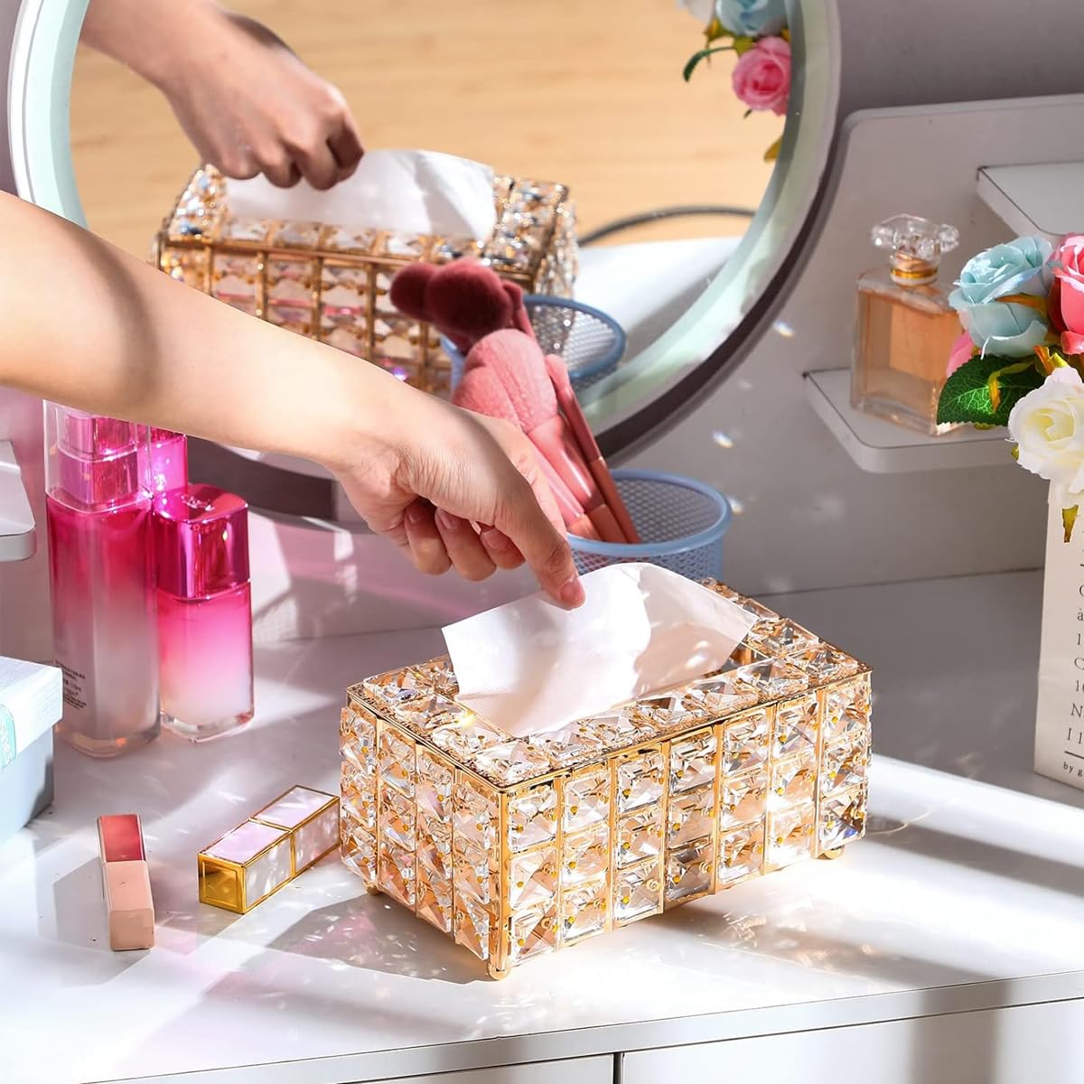HASTHIP Tissue Box Holder for Home and Car with Crystal Glass Beads 7.4x4.3x3.9 in | Elegant Gold Finish