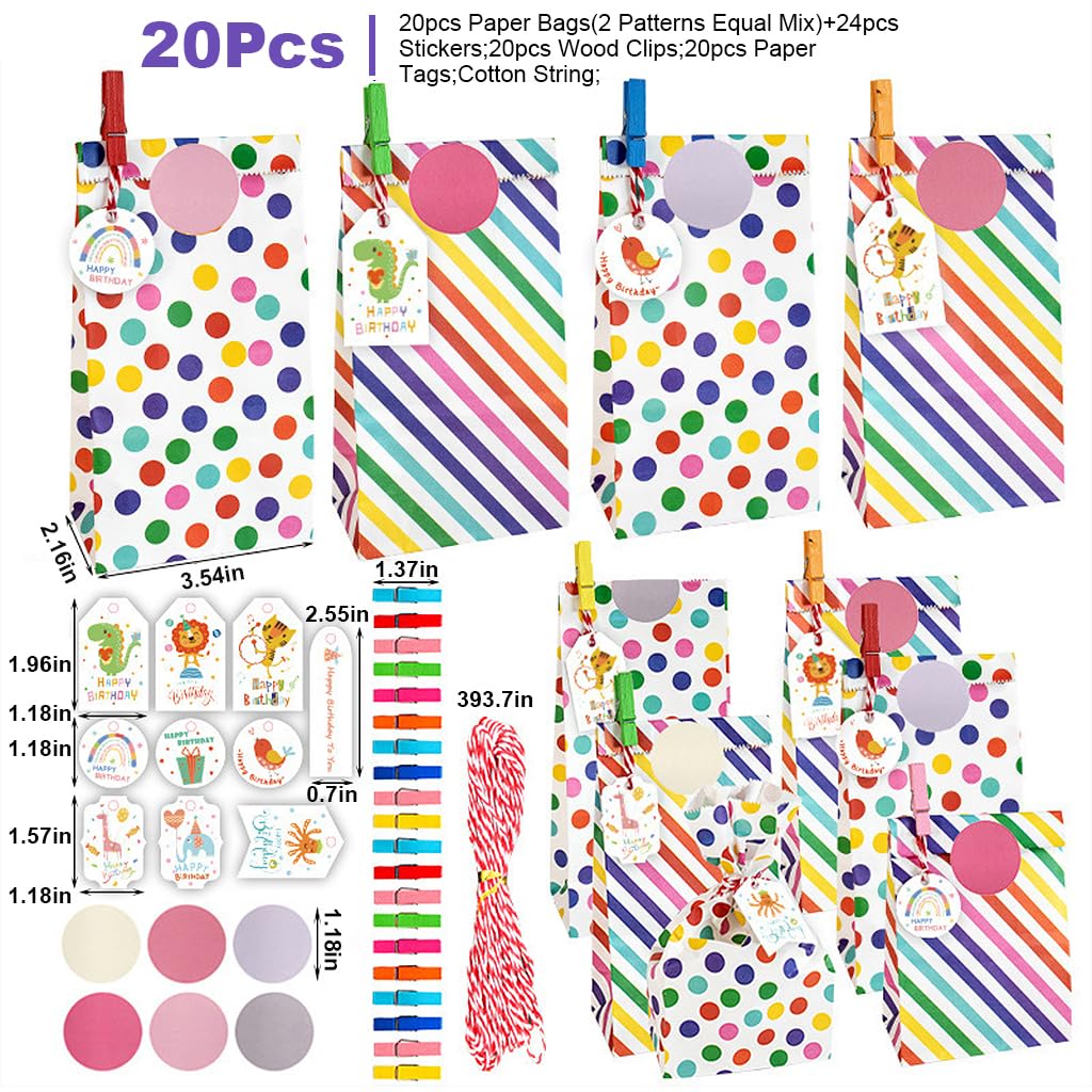 HASTHIP® 20Pcs Paper Gift Bags Candy Gift Bags Color Dots Strips Gift Bags with Stickers, Colorful Wooden Clips, Cute Tags, 10m Cotton Cord, Colorful Paper Gift Bag for Party Favor, Wedding Favor