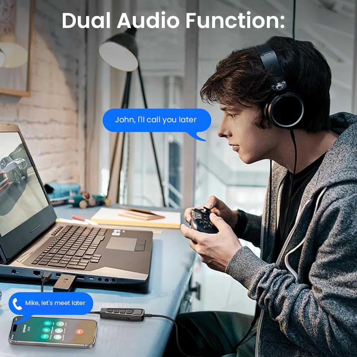 Verilux® USB External Sound Card, Simultaneous Phone Discord Chat & Gaming Sound in Wired Headphone, USB to 3.5mm Jack Audio Adapter, 7.1 Surround Sound, Works with PS5, PS4, PC